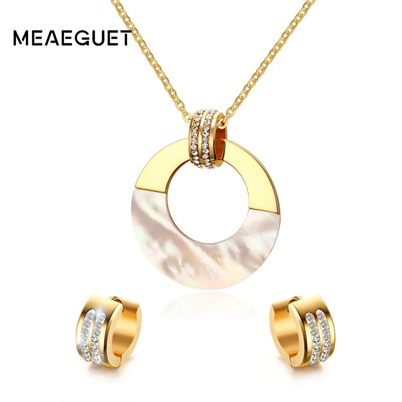 Meaeguet Women Anniversary Crystal Jewelry Sets Gold Color Round Shell Pendant Necklace CZ Hoop Earrings Fashion