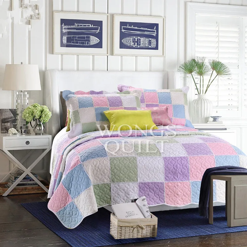

100% Cotton Bedspread 3pcs Air Condition Quilt 16 style European Style Classic Patchwork Queen Size Grid/Plaid