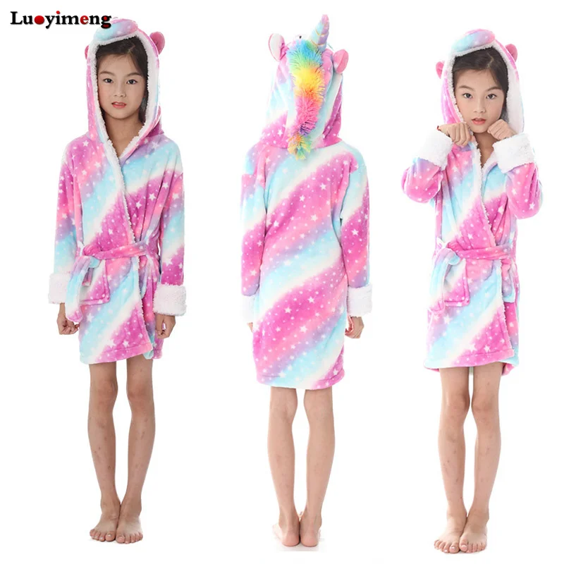 Новинка; банные халаты для маленьких девочек с единорогом; детский балахон с капюшоном; детский фланелевый банный халат; Пижама с рисунком панды; одежда для сна - Цвет: pink star