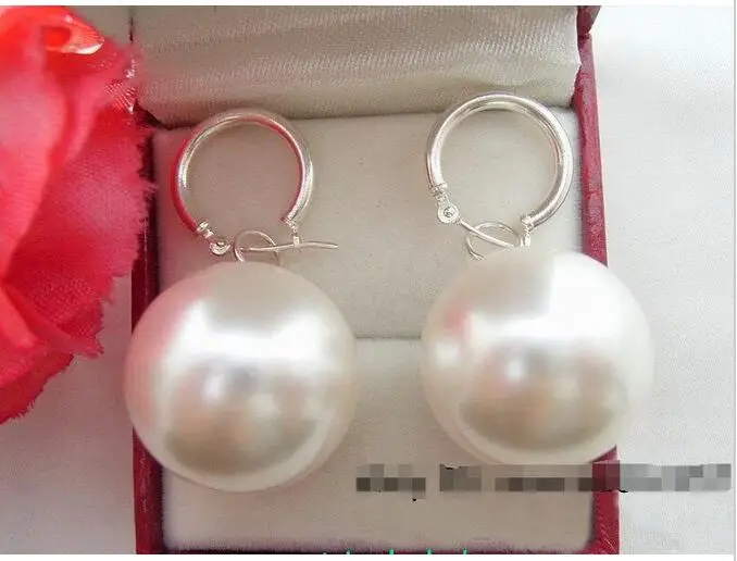 

Free shipping Dangle 14mm White round sea shell pearls earring 925sc hook E50