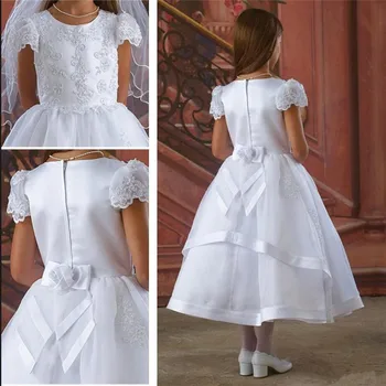 

Newest Princess Dress with Cap Sleeves Appliques Beading Satin Flower Girl Dress For Wedding Vestidos De Fiesta Tea Length Longo