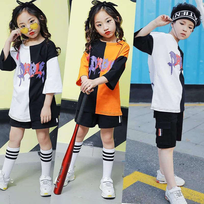 

1 Set Summer Short Sleeve Hip Hop Jazz Dance Costumes for Girls Boys Ballroom Dancing Clothes Performance Shirt Short Pant Wear