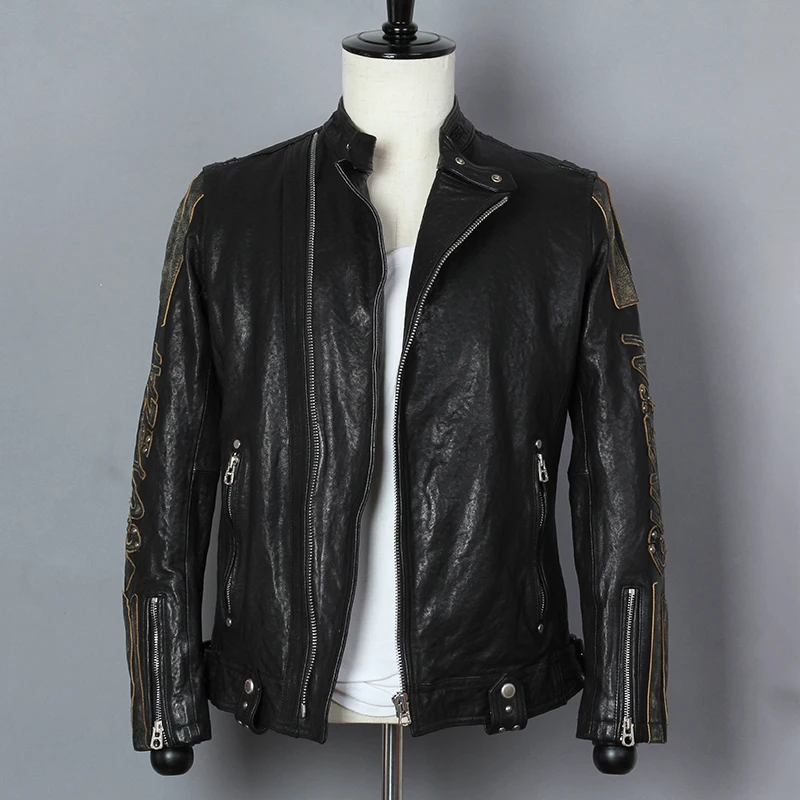 Cheap 2019 Fashion Genuine Leather Jacket Men Sheepskin Turn Down Collar Slim Fit Real Leather Jacket Short Letter pattern Autumn Coat 2