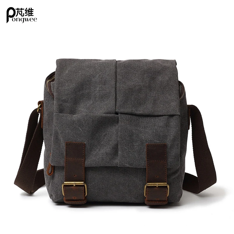 

PONGWEE High quality casual men's messenger bag canvas head layer cowhide leather Vintage canvas men's bag