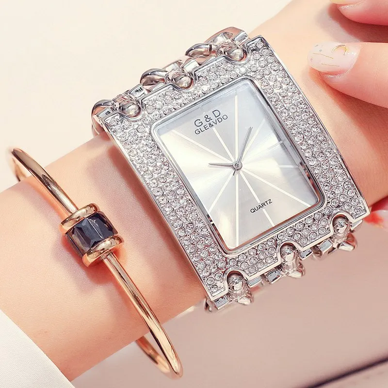 Лидер продаж, модные женские наручные часы с бриллиантами, прямоугольным циферблатом, из нержавеющей стали, с цепочкой, аналоговые женские часы - Цвет: Синий