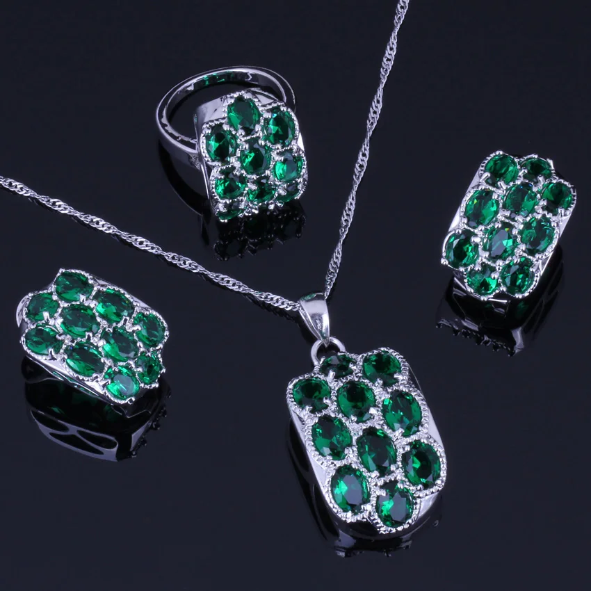 

Outstanding Green Cubic Zirconia 925 Sterling Silver Jewelry Sets For Women Earrings Pendant Chain Ring V0252