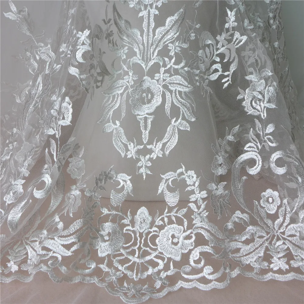 

Free Shipping 1 Yard/3 Yards Ivory White Embroidered Tulle Mesh Wedding Dress Fabric DIY Sewing Craft Lace Accessories