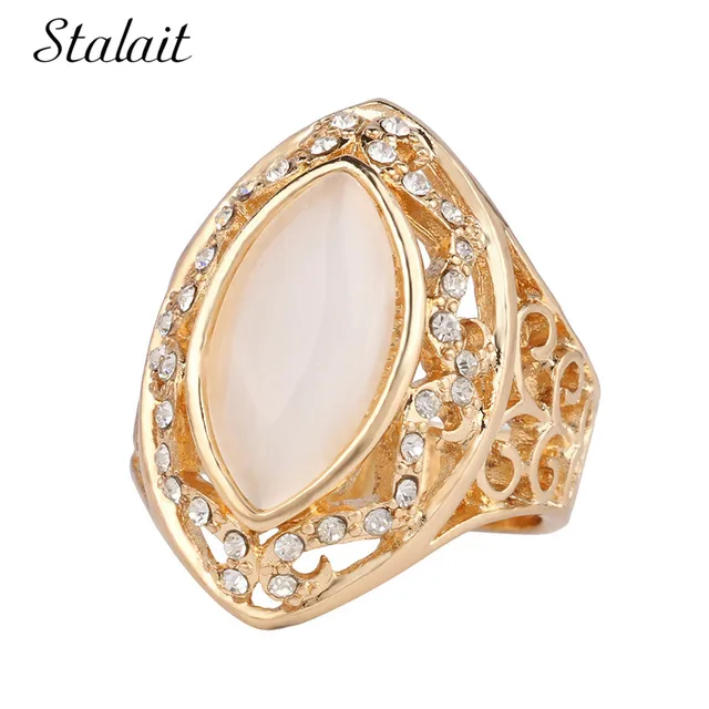 Hollow Cat’s Eye Stone Oval Opals Engagement Ring Gold Color Czech Rhinestones Band Rings For Women Wedding Matching Ring