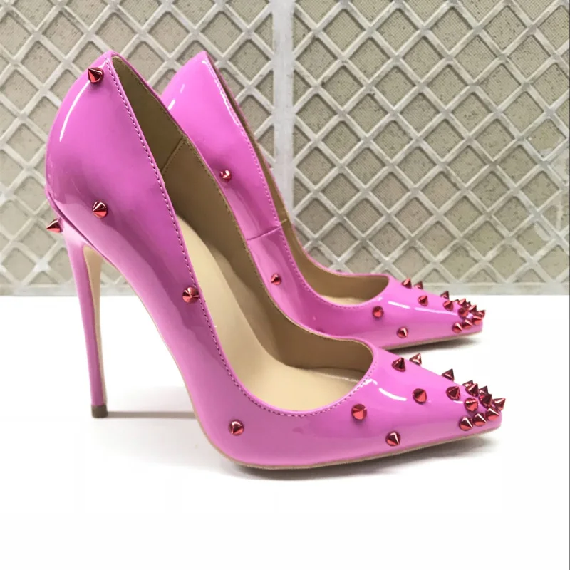 Stylesowner New Arrival Rivets Studded Pumps Rose Pink Thin Heel Sexy Wedding Shoe Pointy Toe Fashion Prom Party Shoes