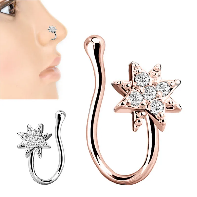 Crystal Flower Nose Rings Fake Septum Non Piercing Jewelry Rose Gold Color Clip On Hoop &amp Studs Ear Clips | Украшения и