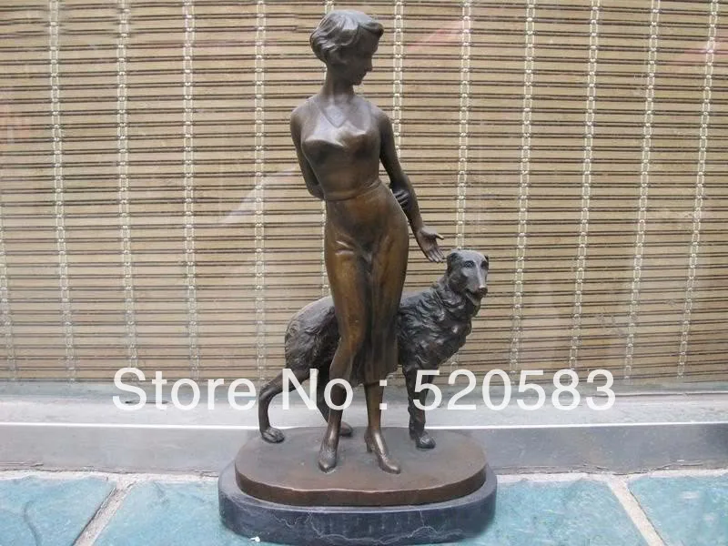 

13"Signed 100% Bronze Marble statue Art Woman and Husky dog art DECO sculpture