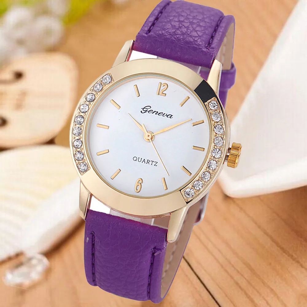 Fashion Geneva Women Diamond Analog Leather Quartz Wrist Watch
