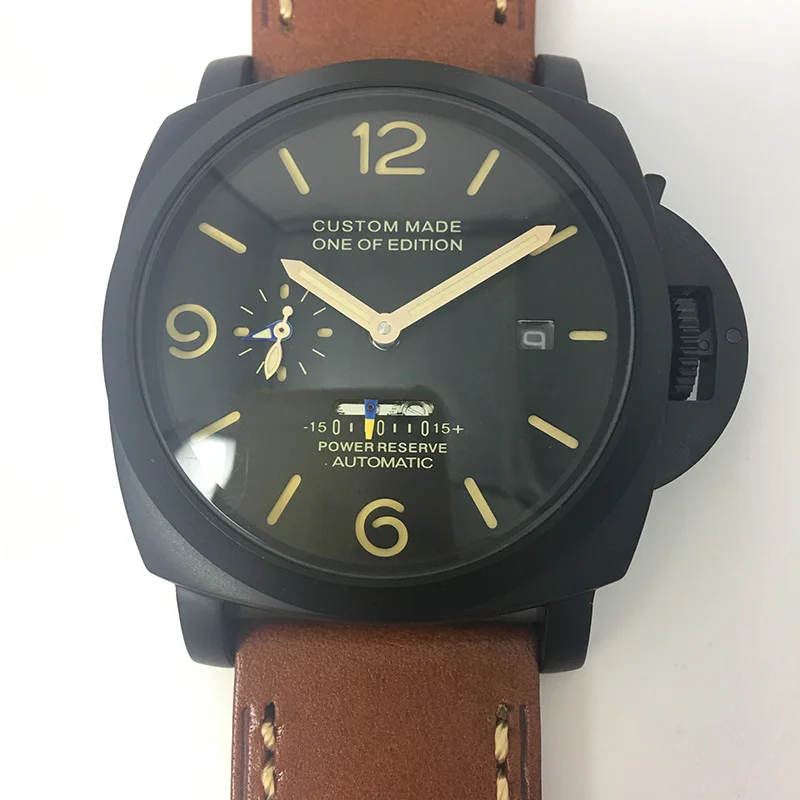 

OUMASHI Automatic Machinery Watch Men 47mm Leather Strap Luminous Power Reserve PVD Case Military Waterproof Watch