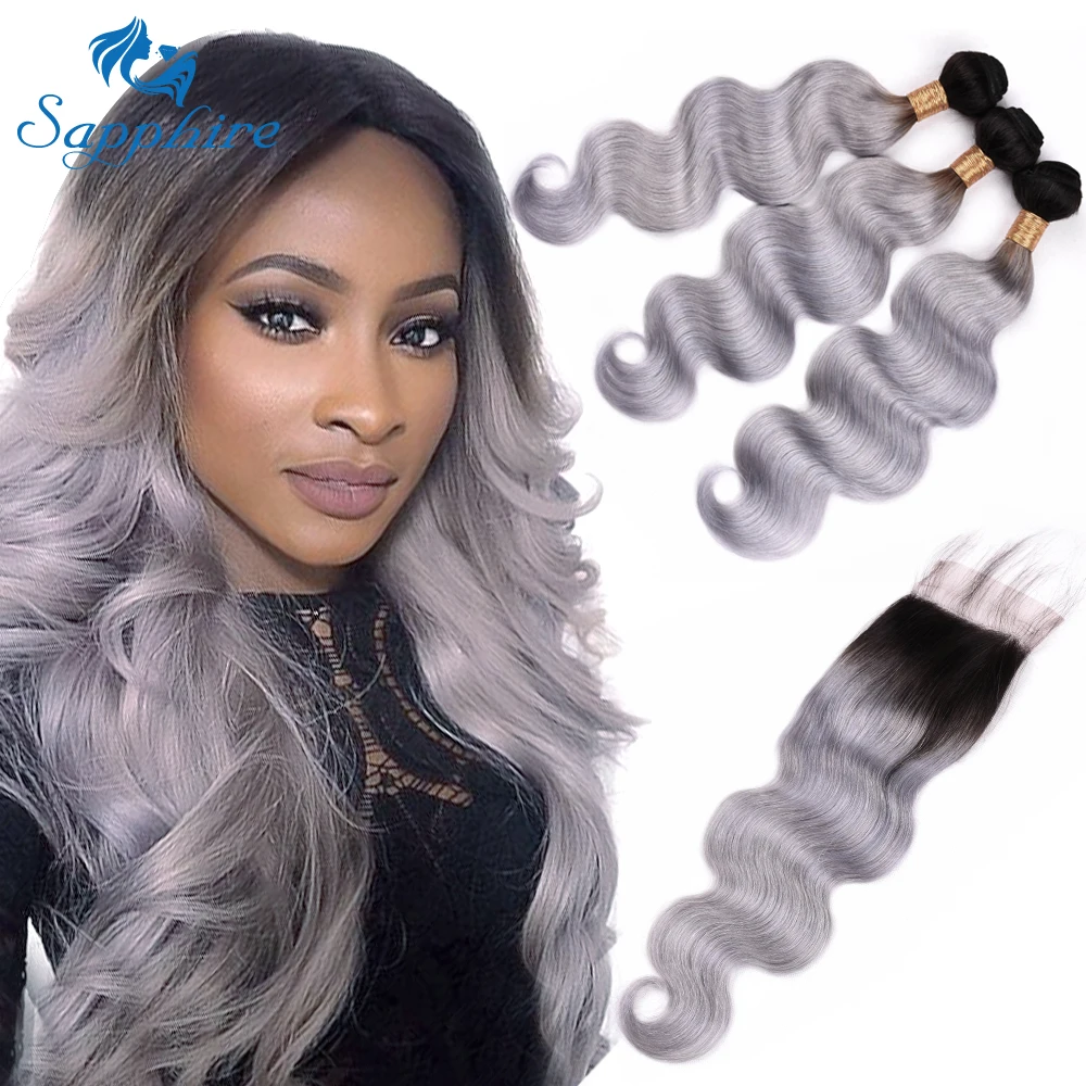 Sapphire 1B/Grey Ombre Hair Bundles With Closure 3 Malaysian Body Wave