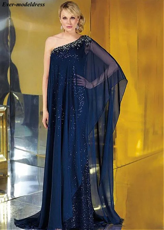 Marineblauw Moeder van de Bruid Jurken Lange Een Schouder Kralen Crystal Pailletten Chiffon Bruiloft Gast Avondjurken Plus Size Marineblauw Moeder van de Bruid Jurken Lange Een Schouder Kralen Crystal Pailletten Chiffon Bruiloft Gast Avondjurken Plus Size