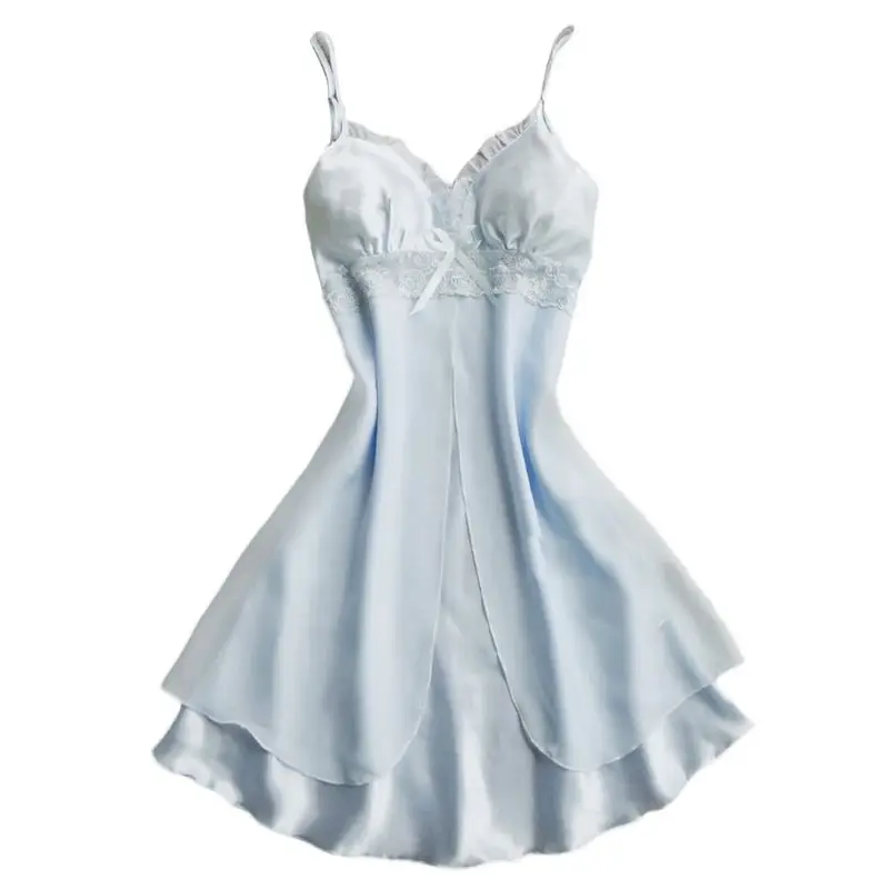 

Womens Plus Size Faux Silk Erotic Lingerie Dress Sleeveless Deep V-Neck Ruffles Nightgown Solid Color Double Layer Sleepwear