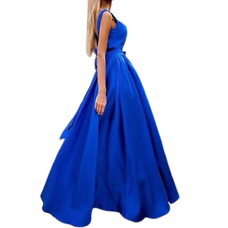 

Womens Elegant V-Neck Blue A Line Prom Maxi Dress Formal Evening Party Gown