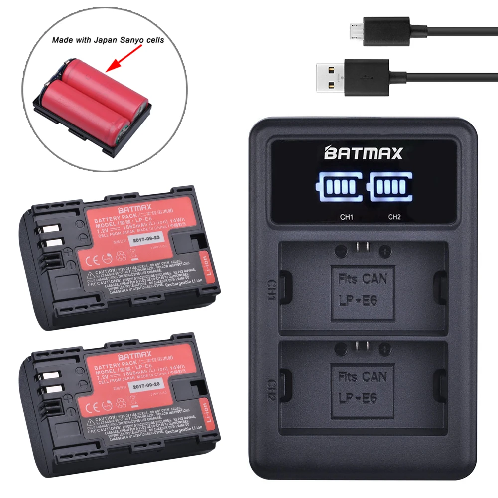 Cena 2pc LP E6 LP E6 LP E6N baterii japonia Sanyo komórki + LED Dual USB ładowarka do canona EOS 6D 7D 5DS 5DSR 5D Mark II 5D 60D 60Da 70D 80D