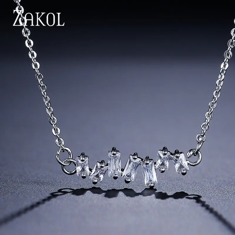 

ZAKOL Trendy Baguette Cubic Zircon Necklace Pendant For Women Girl Party Dress Beautiful Jewelry FSNP2011