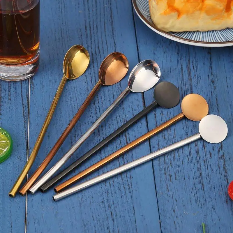 

Reusable Stainless Steel Drinking Straw Spoon Drinking Straw Cocktail Stirring Spoon Bar with Cleaning Brush Bar Accessories