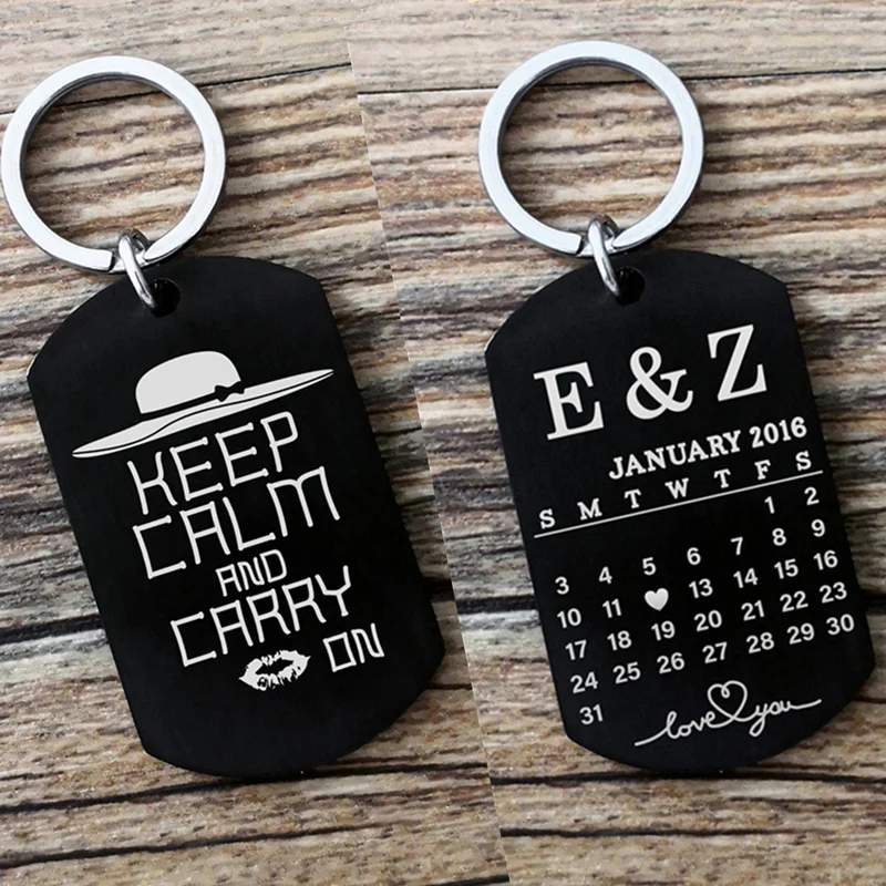 

Silver/Black Custom Personalized Calendar Keychain Engraved Cute Stainless Steel Key Chain Anniversary Key Ring for Women or Men