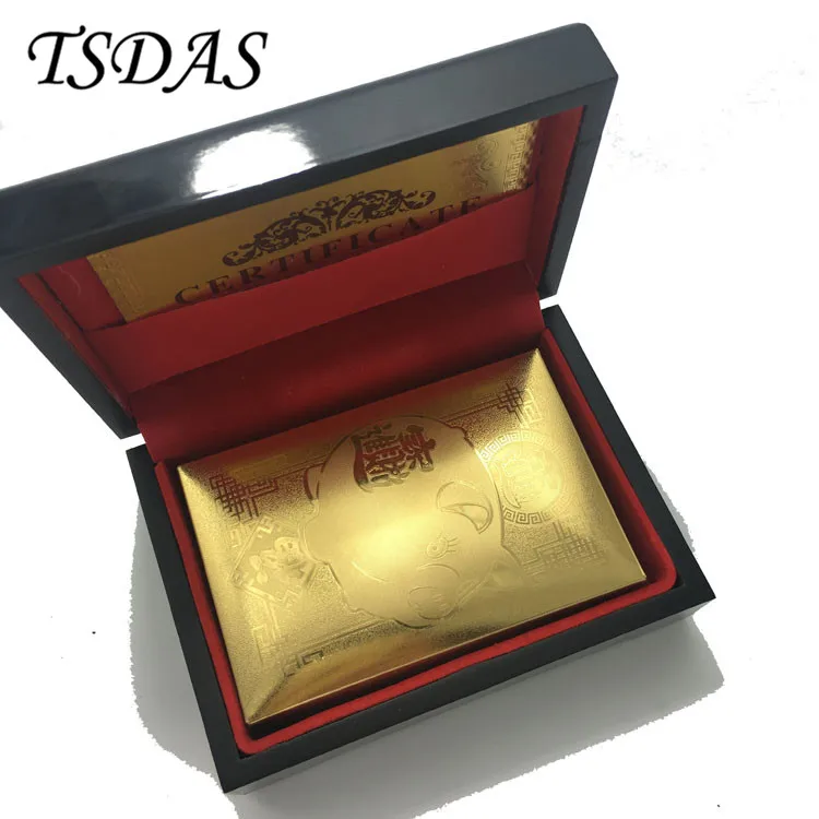 

Luxury Hot Sale 24K Gold Foil Plated Poker Playing Cards Deck Collection Lucky Pig Golden Poker Cards with Nice Wooden Box