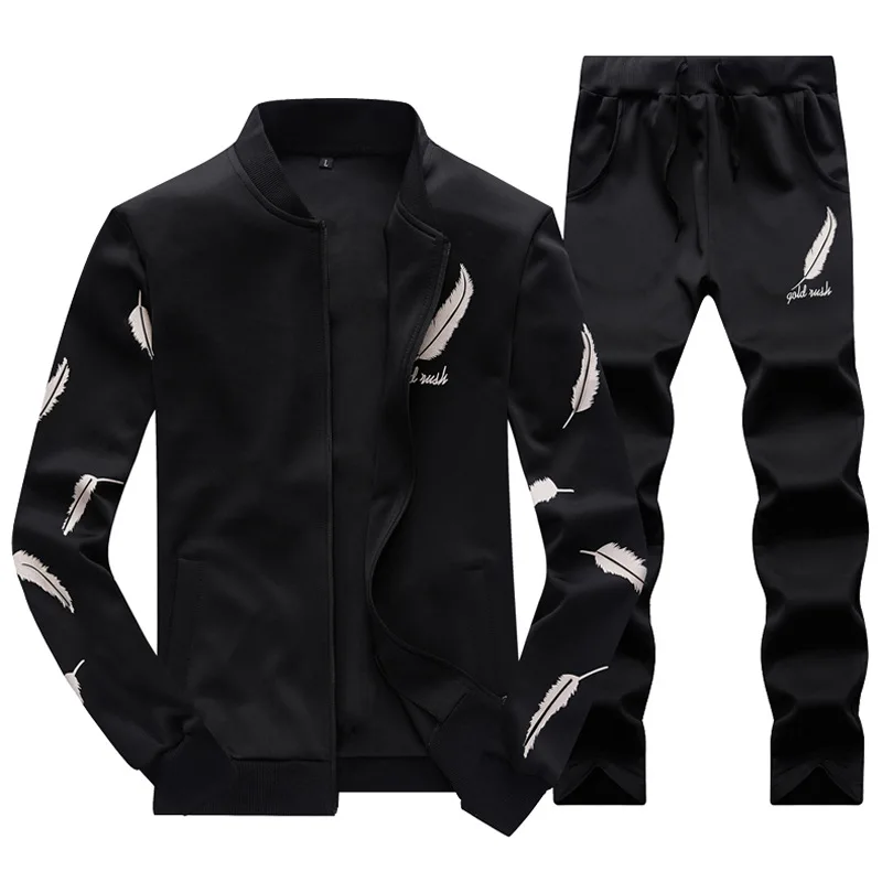 Autumn Casual Mens Tracksuit Set Zipper Spring Sets Fleece 3D Print Pleated Workout Hoodies Sweatshirt+Pants Suit Slim Fit