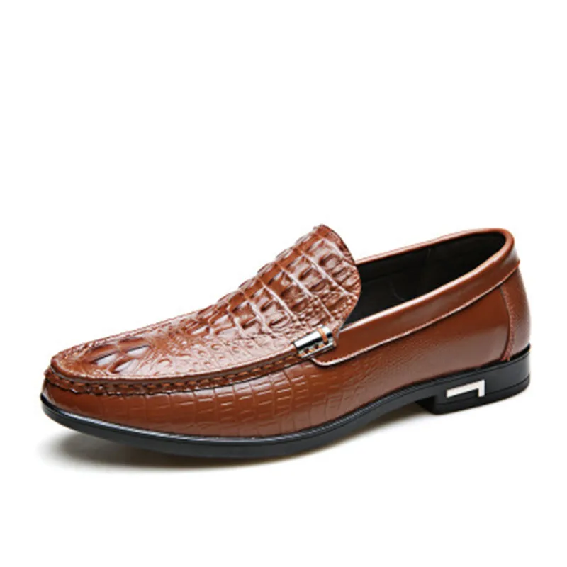 Мужские модельные туфли из натуральной кожи с острым носком; туфли с узором «крокодиловая кожа»; деловые оксфорды без шнуровки; Мужская Роскошная обувь; Мужская Дизайнерская повседневная обувь - Цвет: brown