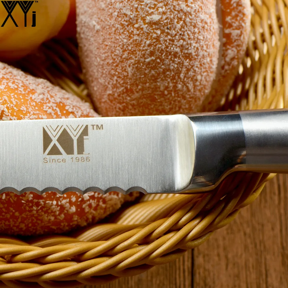 XYJ Brand Stainless Steel Kitchen Knife Fine Quality 8'' Serrated Bread Knife Straight Handle Design Best Cooking Tool For Sales