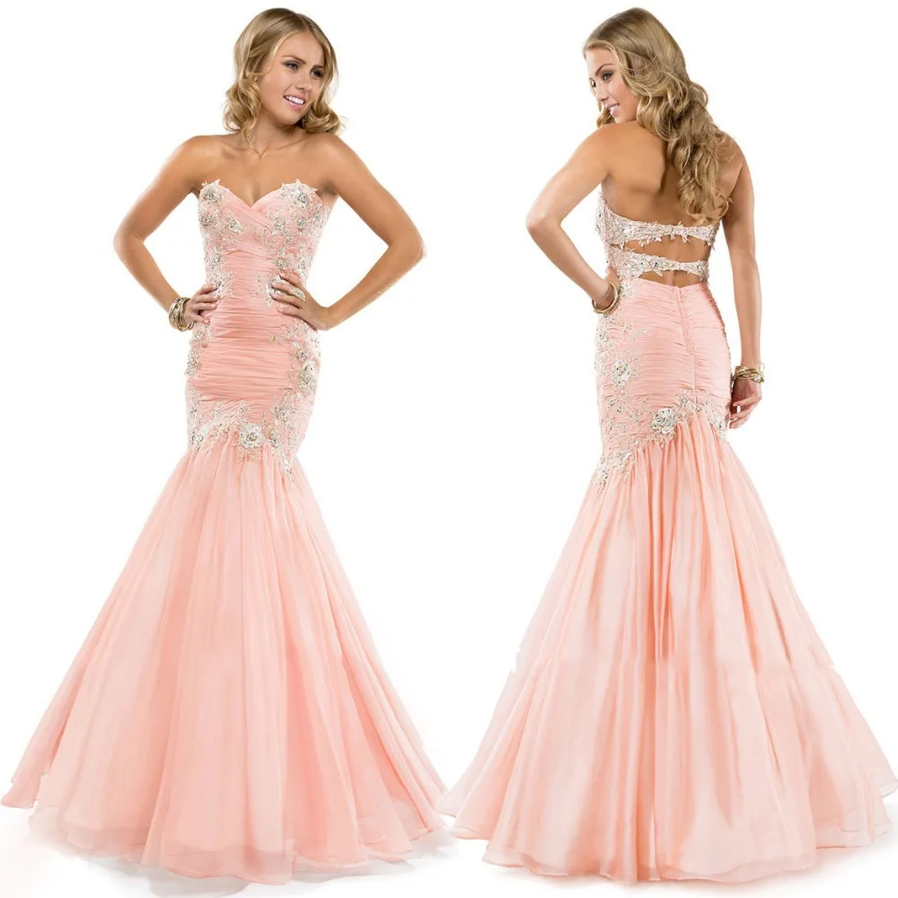 

New Designer Appliques Pleated Corset Chiffon Peach Prom Dress Mermaid JR712 Sexy Open Back