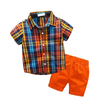 

Baby Boys 2-7Y Children Clothing Summer Boys Plaid Shirt Sets Turn-Down Collar Gentleman''s Suit Pure Cotton