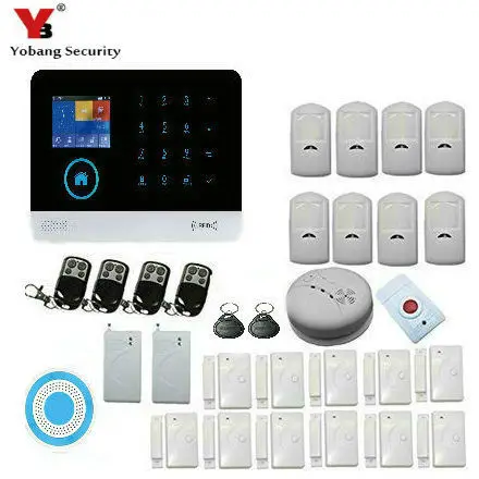 

Yobang Security Wireless WIFI Home GSM GPRS RFID Security Alarm With Wireless indoor Siren and Shock Sensor Smoke Detector