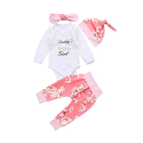

Spring Newborn Infant Baby Girl Flower Romper Pants Leggings Hat 4Pcs Outfit Clothes Casual Fashion Set