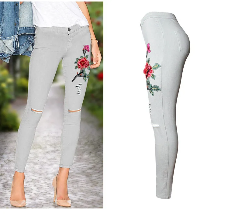 2017 Hot Fashion Women Clothing White Jeans 3D Embroidery Slim Feet Pants Jeans Knee Hole Female Pencil Pants Trousers Leggings (13)