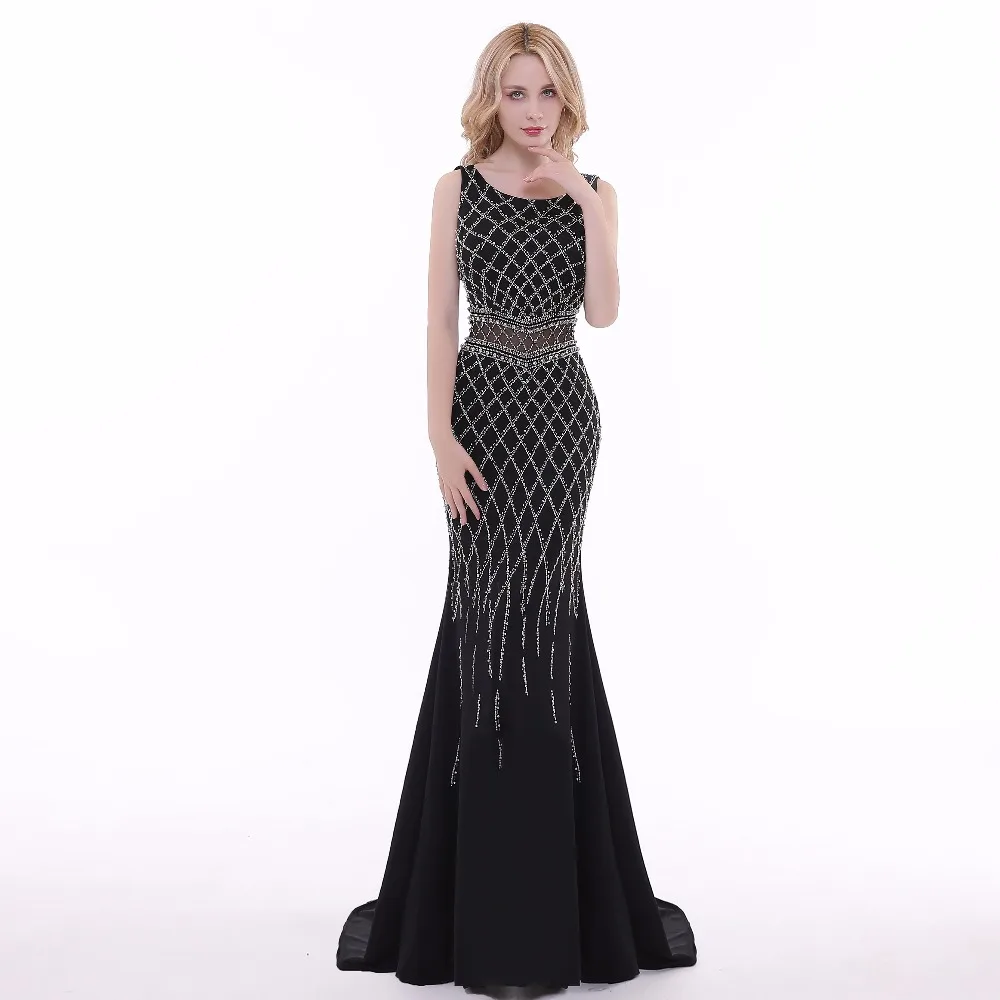 

SexyCrystal Prom Dresses o-Neck Sheer Back Lace Evening Party Dress Mermaid Vestido De Festa Cheap Long Prom D Robe De Soiree