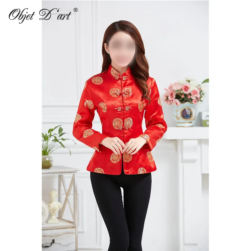 

Chinese Red Qipao Shirt Women's Fashion Embroidery Cheongsam Blouse Chinese Style Vintage Long-Sleeve Tang Suit Top S-XXXL Size