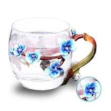Gfhgsd эмаль Цвет чашка ручной работы свинца Стекло Чашки синий цветок персика полноценно металлической ручкой Кофе комплект Чай цветок чашка подарок