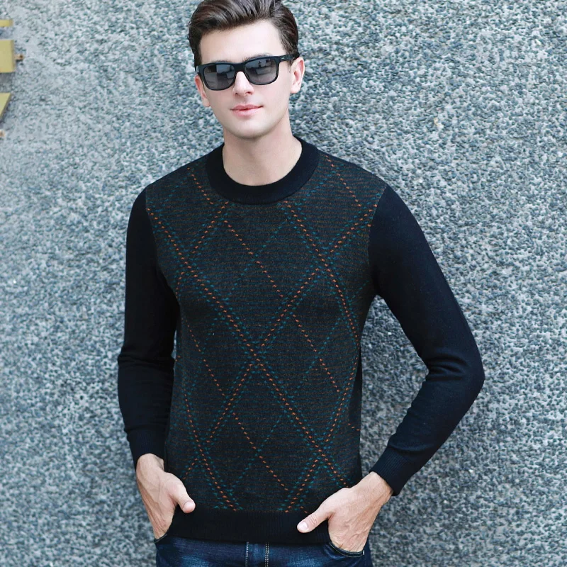 MACROSE High end 100 Wool Men's Argyle Pullover Sweaters Men's Wool Smart Casual O neck