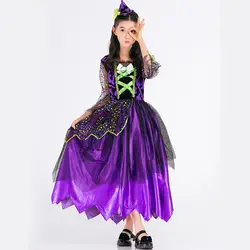 Ведьма одежды Хэллоуин костюм дети косплей костюм платье принцессы фиолетовый ведьмы для девочек для выступления одежда на выход