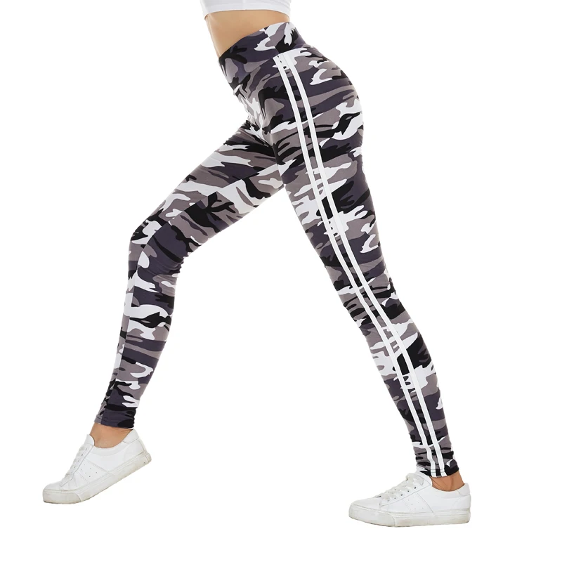 

Glam City Camo Print Leggings Two Side White Stripes Skinny Leggin Elastic Waist Women Stretchy Workout Leggings Casual Leggings