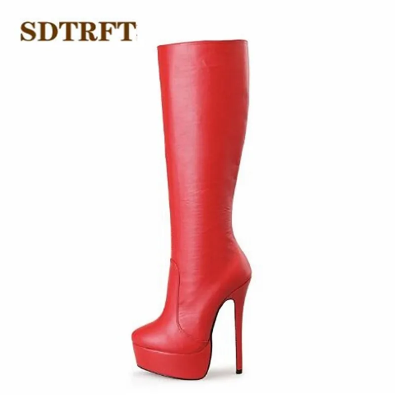 

SDTRFT botas mujer US16 17 sexy Women Knee High Boots 16cm thin heels Stilettos Round Toe Motorcycle platform shoes women pumps