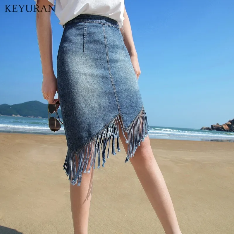 

2019 Spring Summer New Fashion Tassel Irregular Denim Skirts Women Casual Sexy High Waist Jeans Skirts L3609