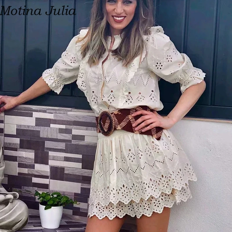 Motina Julia, сексуальное Белое платье с кружевной оборкой, Женский комплект из двух предметов, летние элегантные вечерние короткие платья, женские повседневные пляжные платья