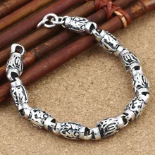 Мужской браслет, 925 пробы, серебряный браслет с бусинами, ширина 8 мм, винтажный панк, шесть слов, мантра, браслеты, браслет, тайские серебряные ювелирные изделия