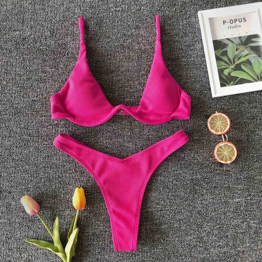 Women Two-Piece Neon Pink Bikini Set Textured Push up Bra Bathing Suits Thin Strap Swimsuit Top With Cut Out Thong Bikini 4 Color 11