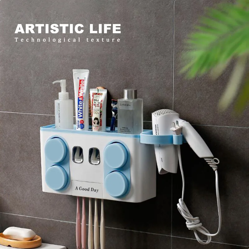 

5 Racks Dust-proof Drain Toothbrush Holder Hair Dryer Rack No Need TO Punch with 4 Cups Toothpaste Dispenser Wall Mounted Holder