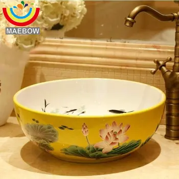 

In 3 Colors Chinese Handmade Countertop Round Vessel Bowls Ceramic Basin Bathroom Sink