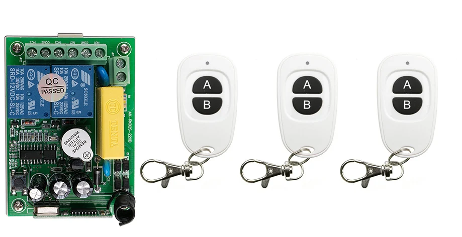 

NEW 220V 2CH 10A RF Wireless Switch Relay Receiver Remote Controllers & 3* White AB keys Waterproof Transmitter