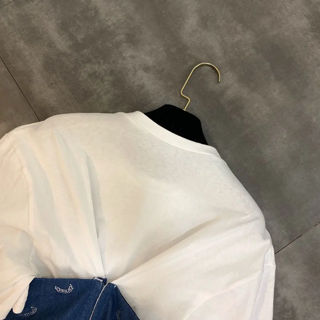 summer new round neck short sleeve stitching denim girdle waist hot drilling moon T-shirt