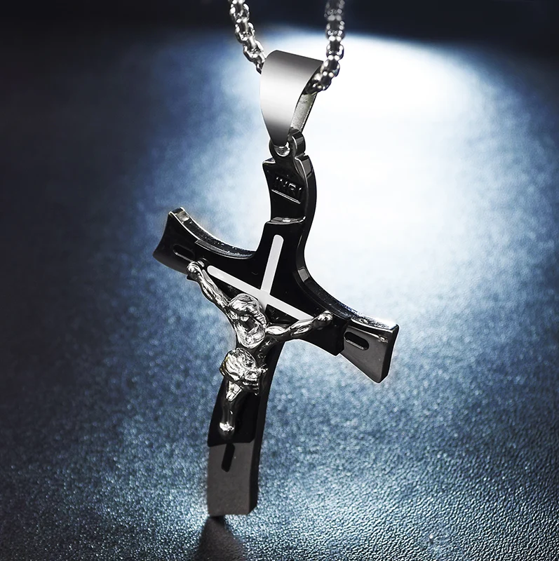 Dolaime подарок стиль Мода для мужчин Нержавеющая Сталь Серебряный цвет нож-образный крест Иисуса кулон ожерелье P816
